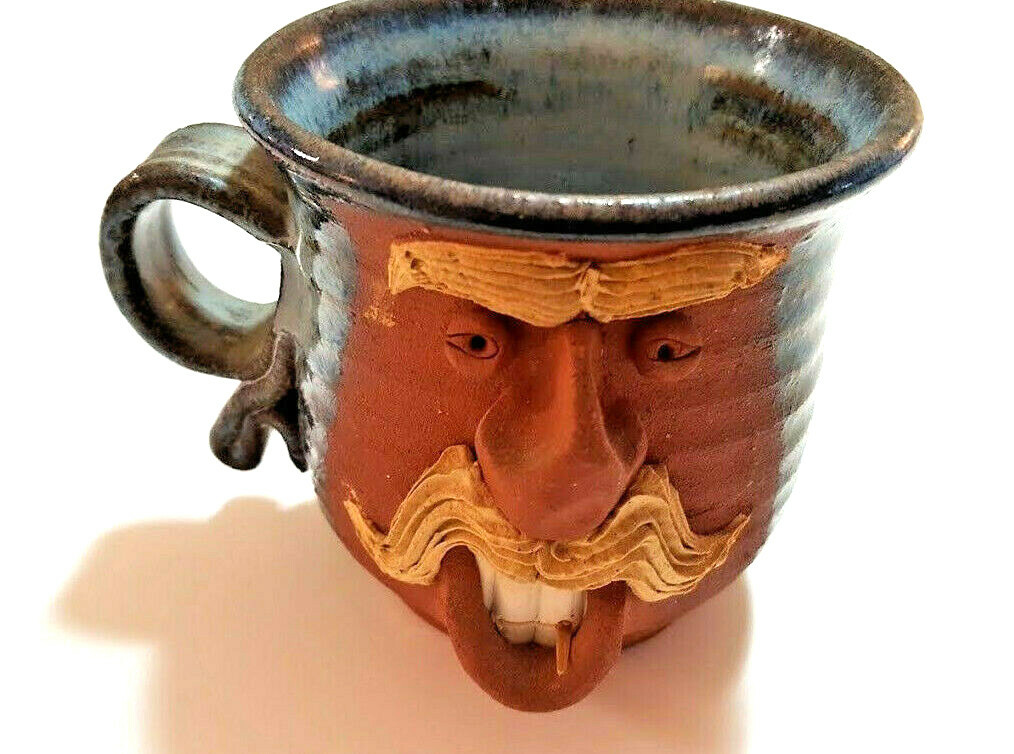 Ugly Face Mug Stein Mustache Man Vintage American Studio Pottery Folk Art