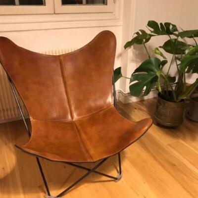 Genuine Leather Butterfly Chair Super Relaxing Accent Folding Metal Frame Plw