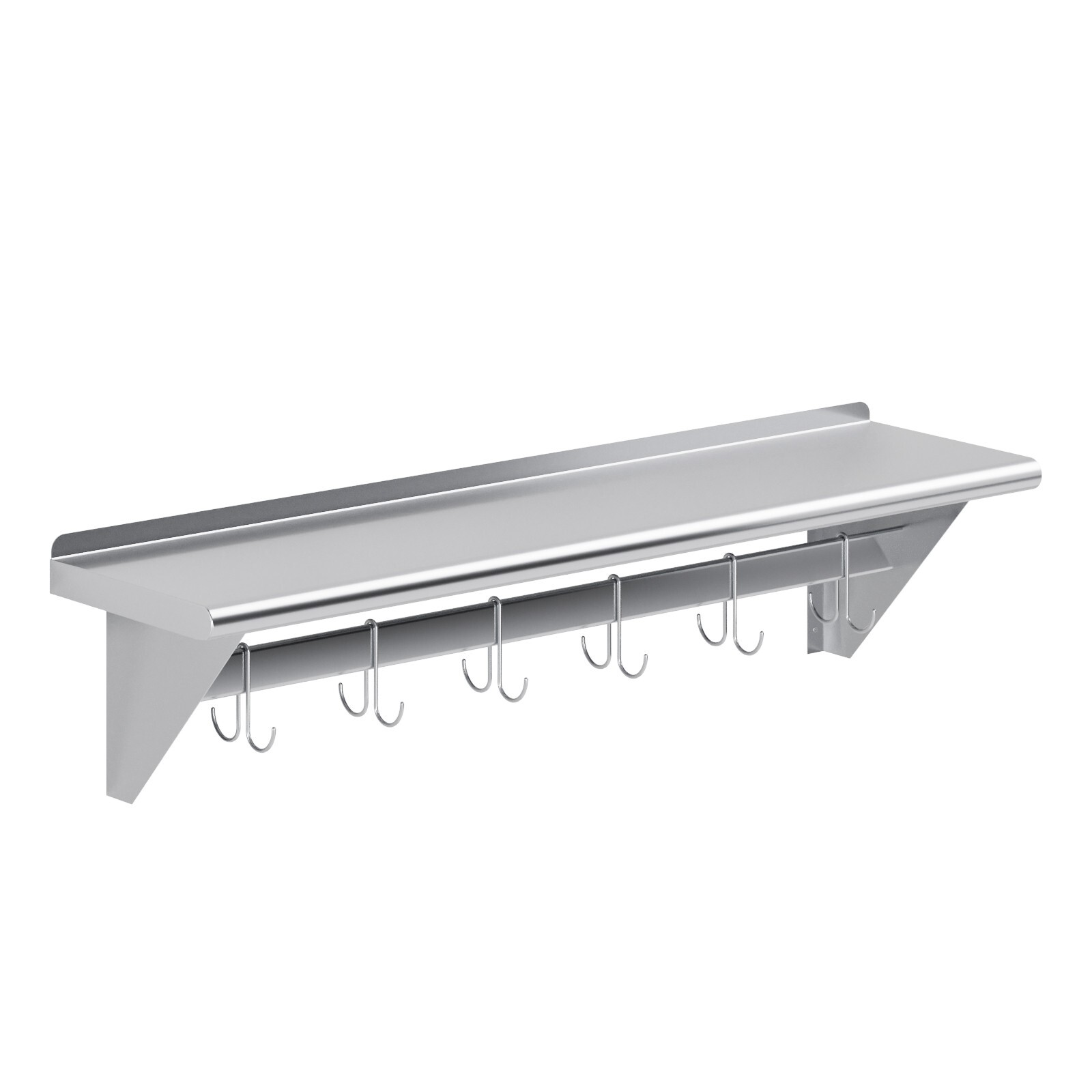 12 in. x 48 in. Stainless Steel Wall Mounted Pot Rack with Shelf and 6 hooks