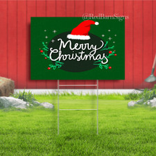Merry Christmas santa hat green background yard sign