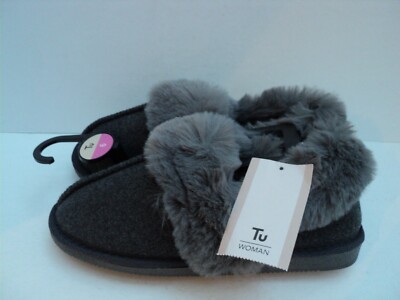 TU Women Grey Synethetic Fabric Faux Fur Trim Slip-On Slippers