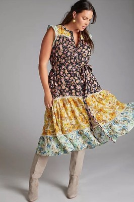 Anthropologie Ruffled Floral Midi Dress Black Motif New w/ Tags Sz Small NWT