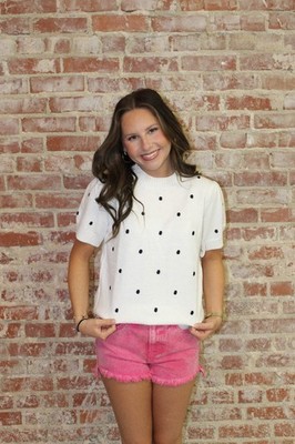 LA Society White Elegant Polka Dot Bubble Short Sleeve Sweater Top