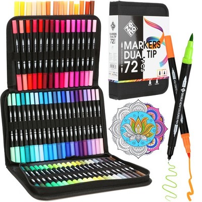 72 Dual Tip Markers Set, Case, No-Bleed, Fine, Brush Tip, Watercolor Pens, Art