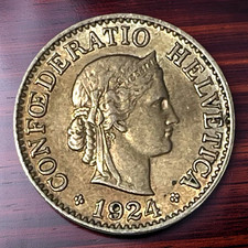 1924 10 Rappen Gold Tone Switzerland Swiss KM 26 Helvetica World Coin Lot D3-309