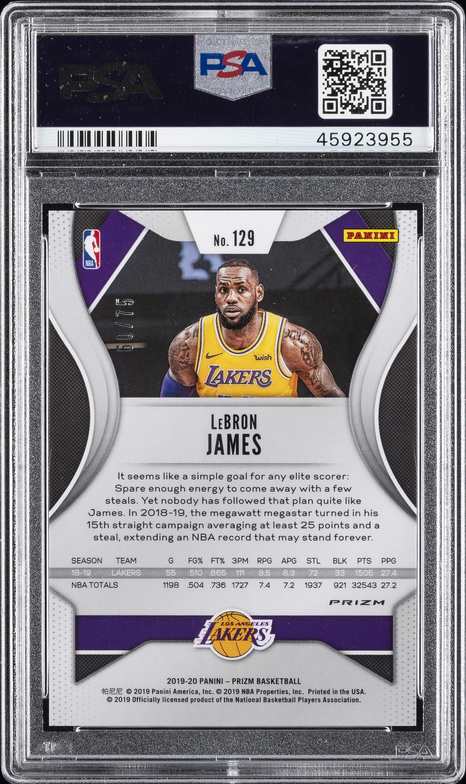 2019 PANINI PRIZM PURPLE PRIZM #129 LEBRON JAMES #/75 PSA 10 view 2