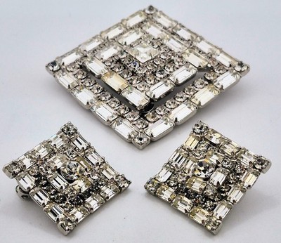 Matching Vintage Brooch and Earrings. Set with multiple faceted, Rhinestones