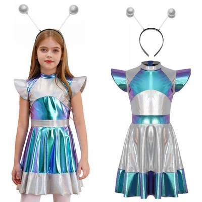 TIAOBUG Kinder Mädchen Alien Kleid Astronaut Kostüm Metallic Tanzkleid Karneval Cosplay