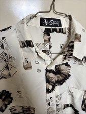 Vintage ALAN STUART Shirt Banded Cream Mens Large S/S Geometric Brown Design USA