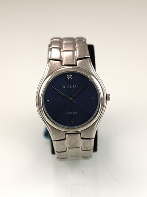 Relic Folio Watch Men Silver Stainless Steel 30m Water Res Battery Blue Quartz