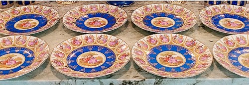 Rare Bareuther Waldsassen Bavaria Germany Dinnerplates Plates Blue Gold 8 PC Set - Picture 7 of 13