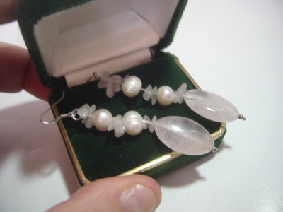 WUNDERSCHÖNE-MASSIVE SILBER-VINTAGE-HANDGEFERTIGTE OHRRINGE-ROSENQUARZ & PERLEN-GEREINIGT
