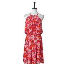 Eliza J Floral Glo Halter Dress Orange Pink Chiffon Midi Pockets Size 10 Wedding
