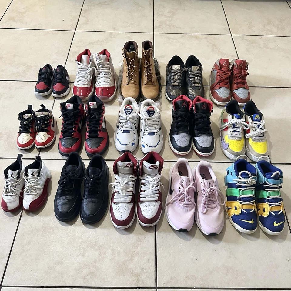 Nike Jordan Timberland Shoe Sneaker Lot Of 15 Pairs Kids Sizes For Restoration - Image 3 of 4