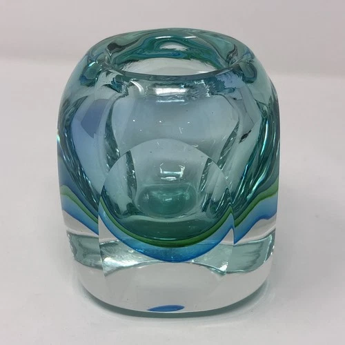 Beautiful Vintage Murano Sommerso Blue Green Faceted Heavy Art Glass Vase