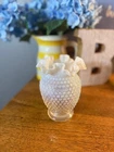 Vintage Hobnail Milk Glass Vase Ruffled Rim Opalescent Bud Vase 5.5”