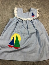 Vintage Toddler Girls Blue White Striped Sailboat Lace Ruffle Dress
