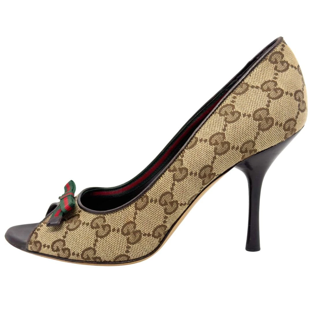 Gucci GG Guccissima Supreme toile rouge vert toile ophidia nœud talons bout ouvert 37,5