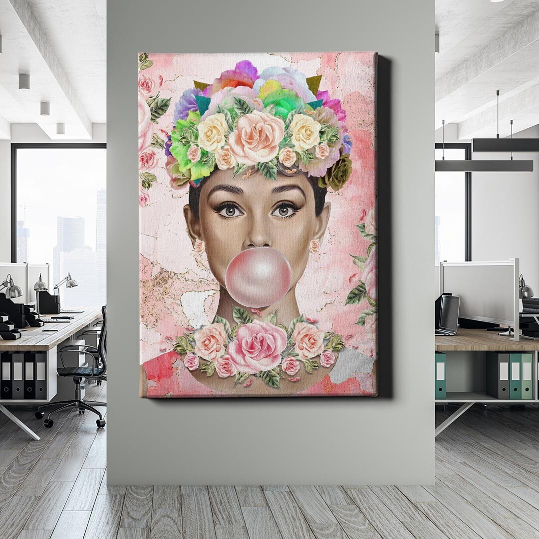 ✅LEINWANDBILD FRAU BLUMENKRANZ KAUGUMMI ROSA DESIGN ELEGANZ LUXUS MODERN ROSEN