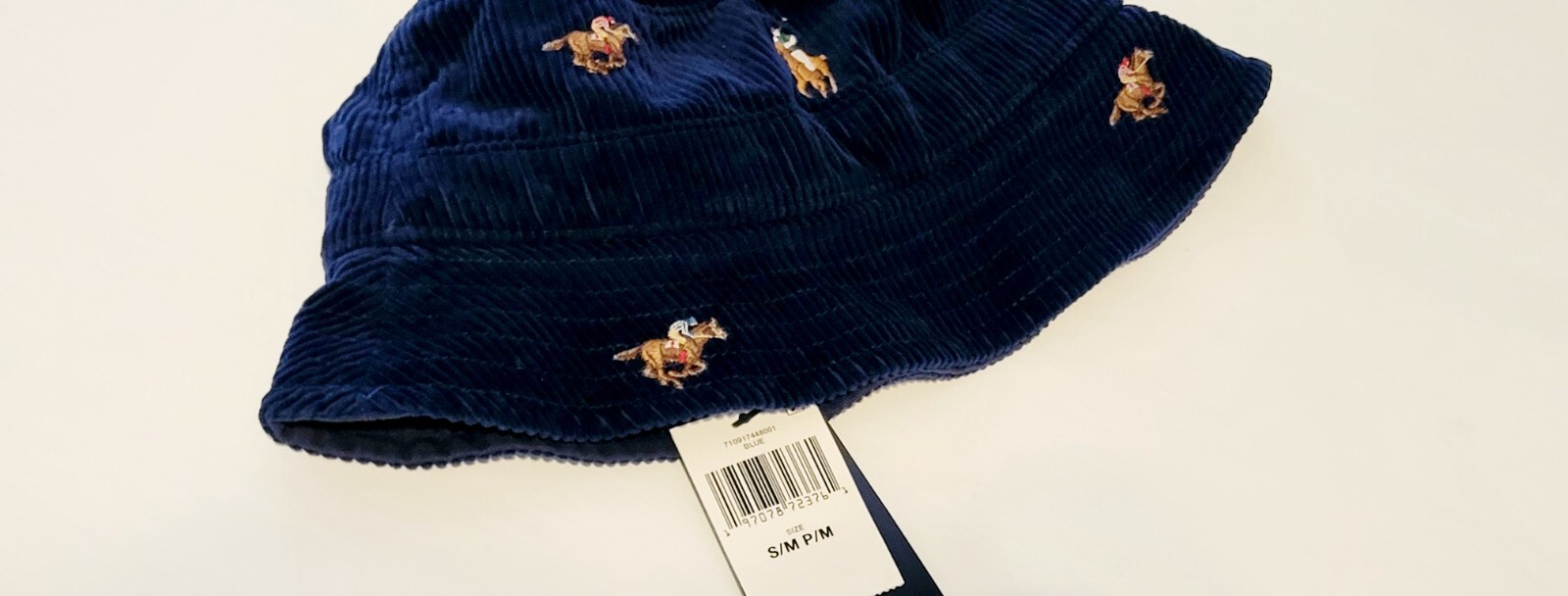 Cappello a secchiello Polo Ralph Lauren blu navy in velluto a coste ALL OVER PONY NUOVO CON ETICHETTE S M