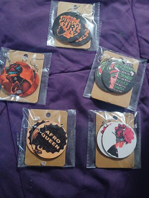 5 Pairs African Map Wooden Earrings Sets Natural Round Wooden Painted Earrings 