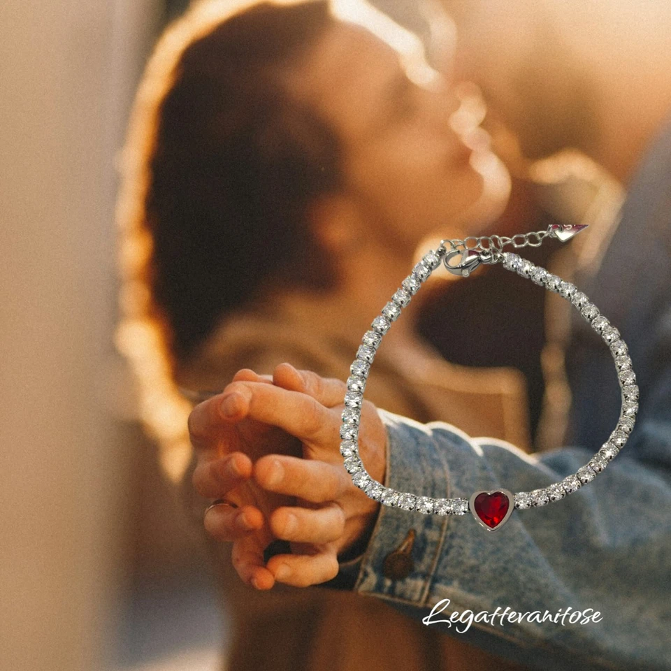 bracciale donna tennis acciaio con zirconi bianchi Cuore Rosso + box regalo rose - Immagine 3 di 4