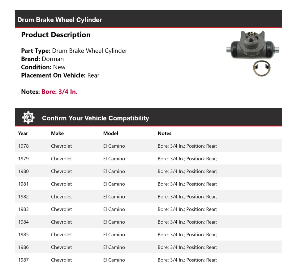 Cilindro de rueda de freno de tambor trasero 1979 para Chevrolet El Camino Dorman 1978-1987 Foto 2 de 4