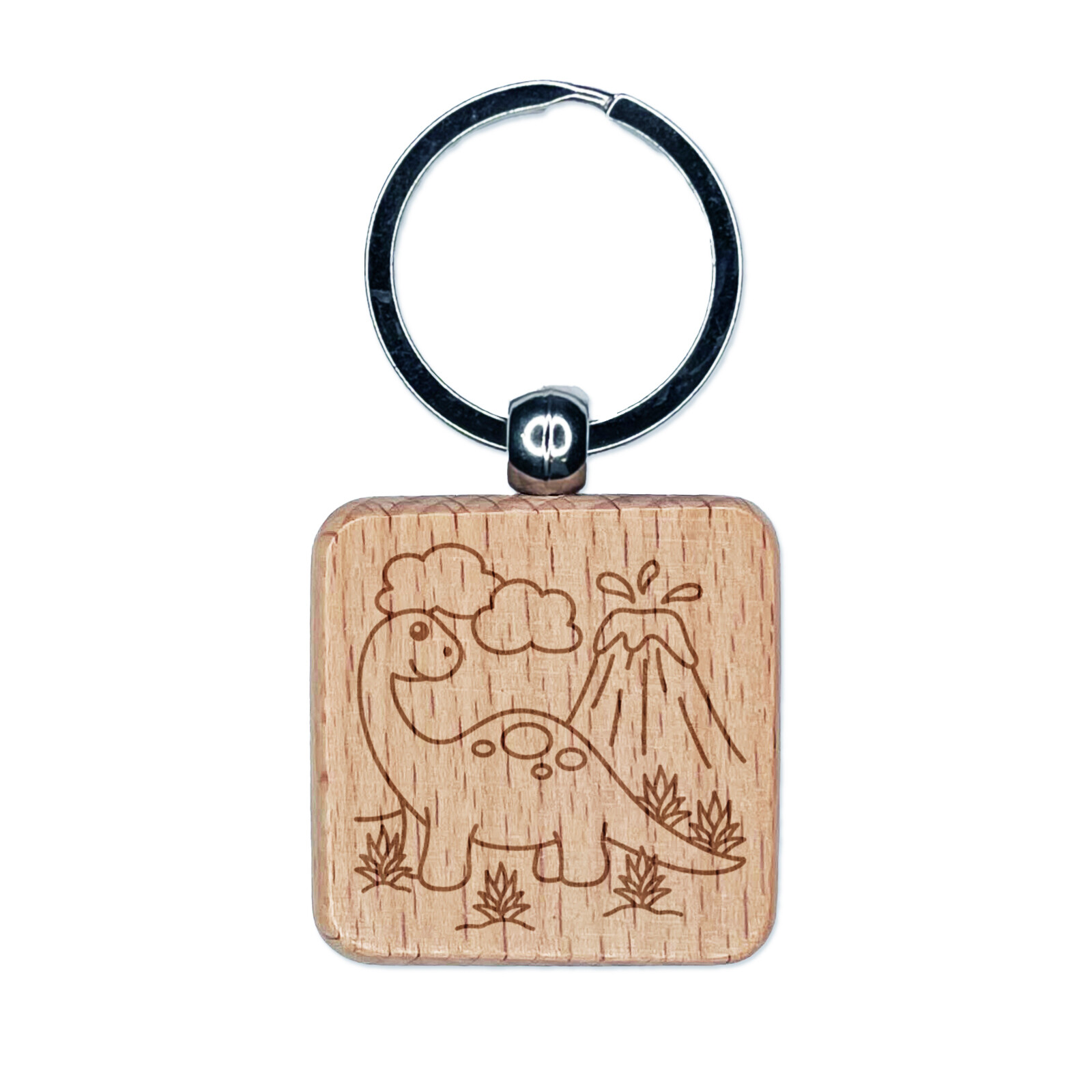 Brontosaurus Dinosaur Engraved Wooden Keychain Charm with Volcano Design