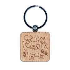 Brontosaurus Volcano Dinosaur Engraved Wood Square Keychain Tag Charm
