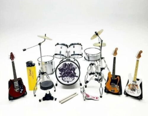 Miniature Drum Set 1/12Full White Plus 3 Guitars Display Musical Intrument Gift