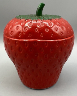 4'' Hazel Atlas Strawberry Shaped Jam Jar Red Painted Milk Glass Green Stem VTG