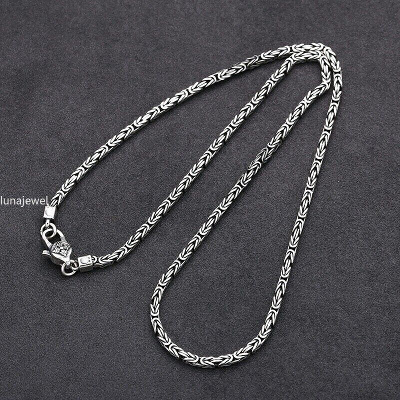3MM S925 Sterling Silver Necklace Women Men Square Byzantine Chain