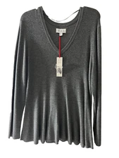 Elle  Women V-Neck Brilliant Baubles Heather Grey Peplum L-Sleeve Sweater Sz XXL