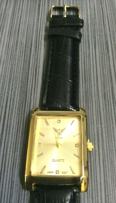 Geneva Men's Watch Rectangle Easy to Read Gold Dial on a Black Leather Band New!