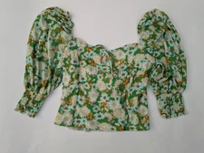 TOPSHOP Flower Puff Sleeve Tie Back Top in Green - SIZE  S