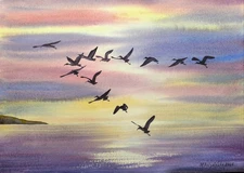 Original Artwork Modern Painting Landscape SKY BERDS FLYING Seascape Art Gift A4