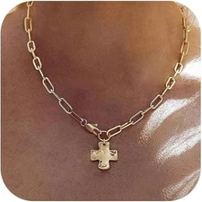Chunky Cross Necklace, 14K Gold Silver Layered Pendant Charm, Costume Jewelry Se