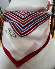 VTG OSCAR De La RENTA Blue Red Ivory GEOMETRIC Sheer Panel SILK SCARF 21" X 21  