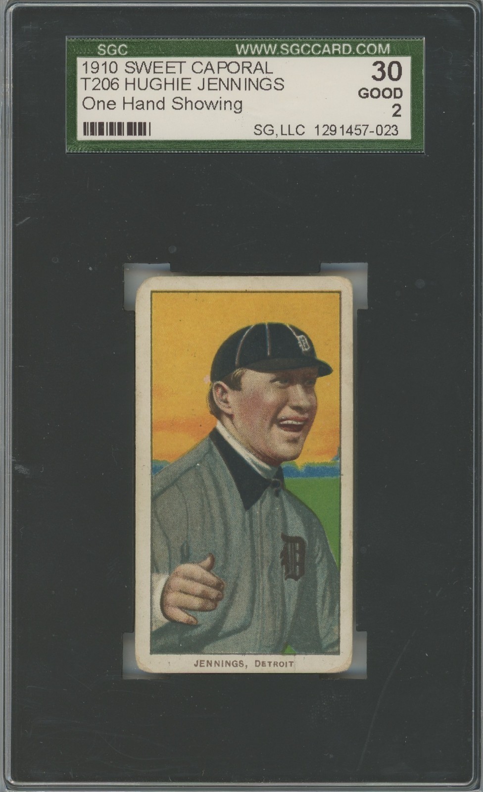 1909-11 T206 HUGHIE JENNINGS ONE HAND SHOWING 350 SWEET CAPORAL - DETROIT SGC 2