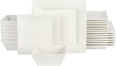 Zen Buffet Hard Square Porcelain Chip and Scratch Resistant Dinnerware Set, Whit