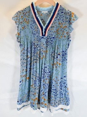 POUPETTE ST BARTH GIRLS SIZE 12 SASHA BLUE FLORAL FRINGE & CROCHET TRIM DRESS