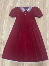 Vintage Dress Red Velvet Holiday S/S With Lace Collar And Hem Size 9-10 (140cm)