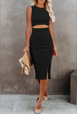 Women’s crew neck sleeveless cutout side slit bodycon dress Med Read DESC!