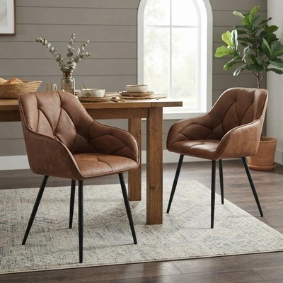Comfortable Set of 2 Vintage Kitchen Chairs - Ergonomic Design, Brown Leather - Image 1 of 4