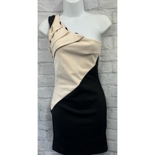 Miss Selfridge Pencil Dress Black & Cream Pleated One Shoulder Size 8 Stretchy