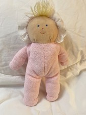 Vintage Plush Doll Pink Terry Cloth Blonde Yarn Hair 10" Lovey Gingham Hat