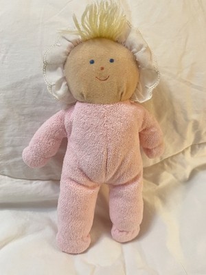 Vintage Plush Doll Pink Terry Cloth Blonde Yarn Hair 10'' Lovey Gingham Hat