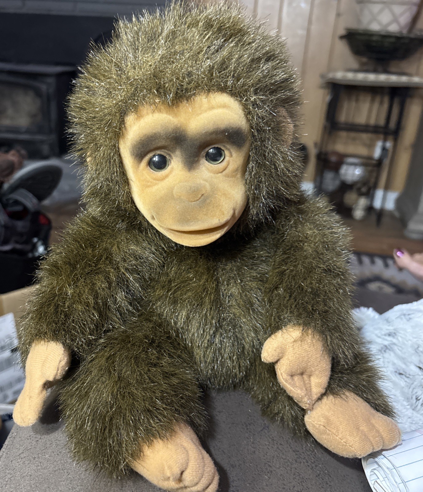 Hosung Brown Monkey Hand Puppet 10" Plush Flocked Face Vintage Chimp Squeak 1994
