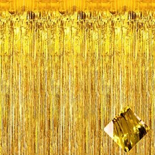 4 Pack 3.2Ft x 8.2Ft Gold Foil Fringe Curtain Backdrop Metallic Tinsel Foil F...
