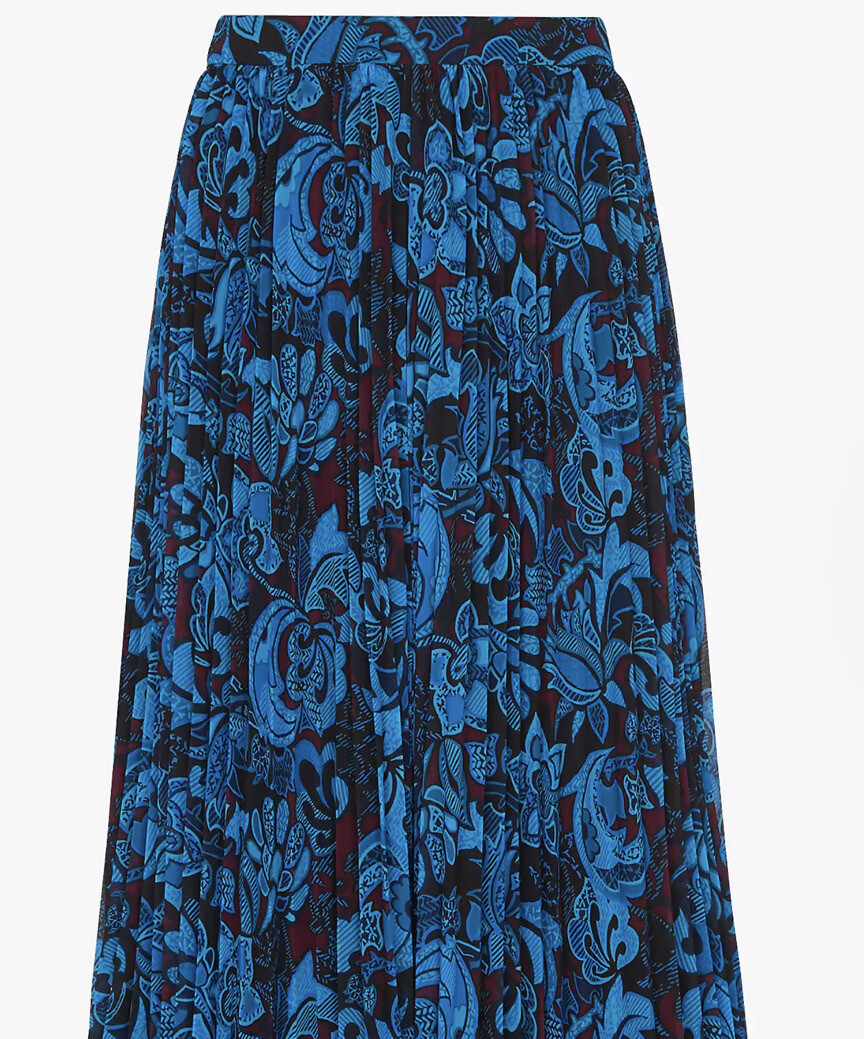 Designer Jigsaw 'Parker' Floral Blue Silky Pleated Midi Skirt UK10